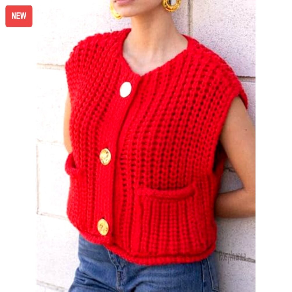 Sleeveless Cropped Knit Cardigan Chunky Crochet Sweater Vest with Pockets - Picture 4 of 7